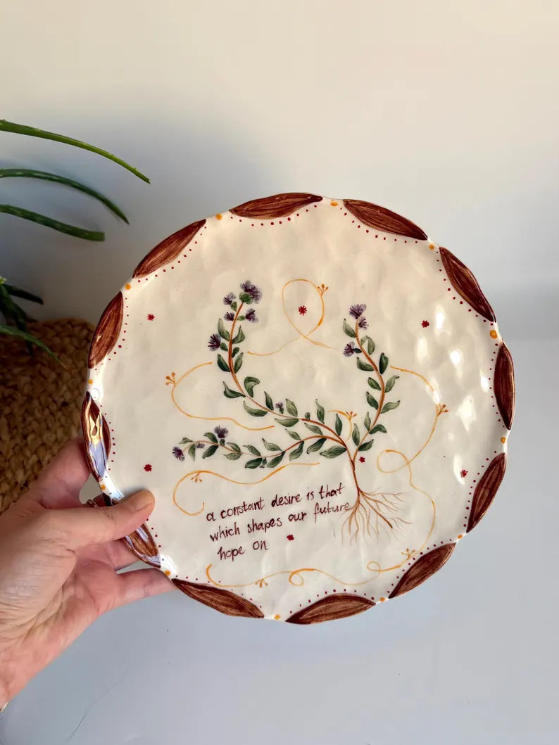 Rustic Handmade Ceramic Plate – Wild Thyme Illustration, Handmade Thyme Decor Ceramic Plate – Handpainted Gift for Art Lover / Artdeco Gift