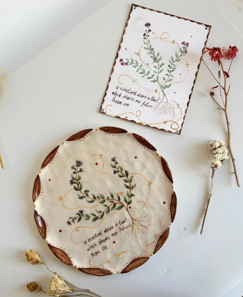 Rustic Handmade Ceramic Plate – Wild Thyme Illustration, Handmade Thyme Decor Ceramic Plate – Handpainted Gift for Art Lover / Artdeco Gift
