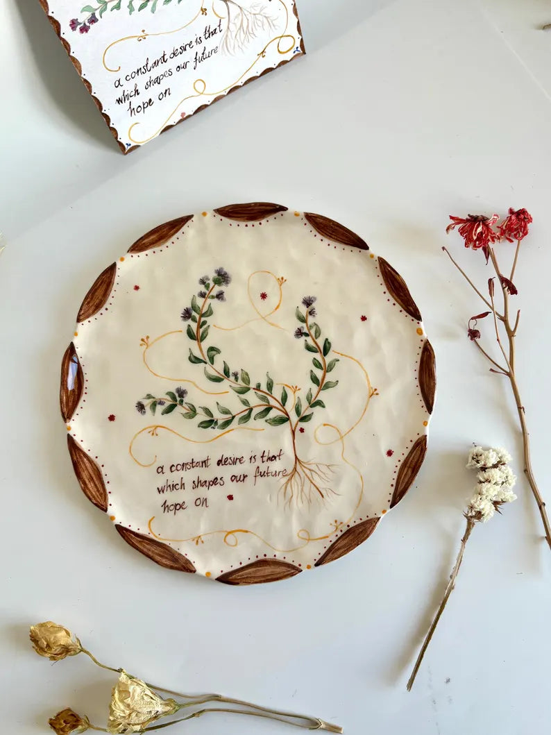 Rustic Handmade Ceramic Plate – Wild Thyme Illustration, Handmade Thyme Decor Ceramic Plate – Handpainted Gift for Art Lover / Artdeco Gift