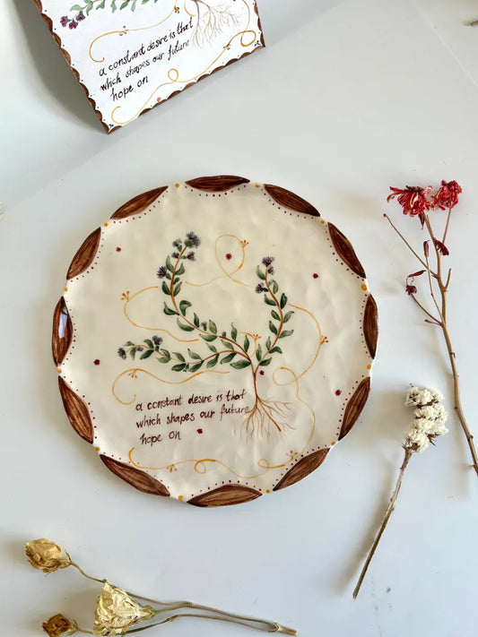 Rustic Handmade Ceramic Plate – Wild Thyme Illustration, Handmade Thyme Decor Ceramic Plate – Handpainted Gift for Art Lover / Artdeco Gift