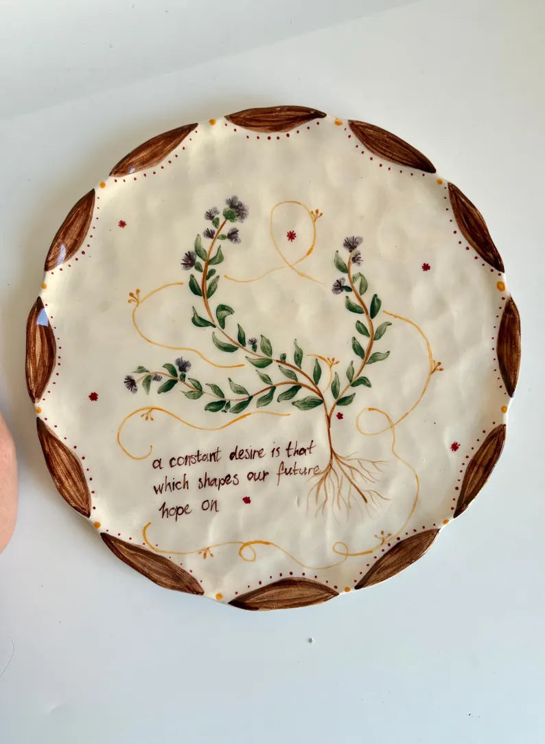 Rustic Handmade Ceramic Plate – Wild Thyme Illustration, Handmade Thyme Decor Ceramic Plate – Handpainted Gift for Art Lover / Artdeco Gift